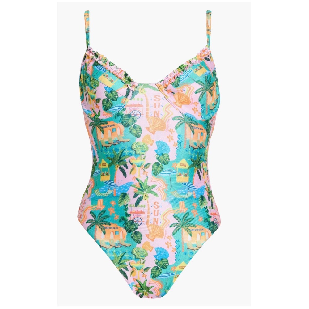 Kulani Kinis Coral Beach Inn One Piece Swimsuit Underwire Ruffle XL Tropical